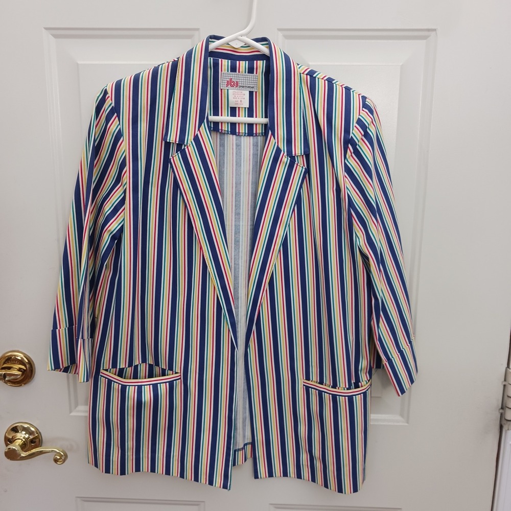 Vintage JBJ Sportswear Striped Blazer Womens 8 Multi Color Cotton Blend Japan